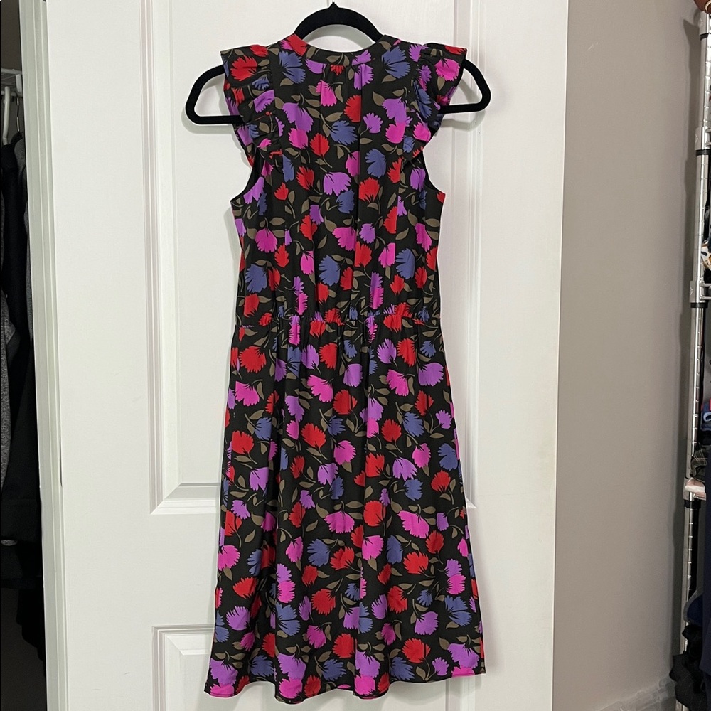 J. Crew Painted Pansy Floral Silk Dress Ruffle Cap Sleeves Sz 00 - Picture 4 of 7